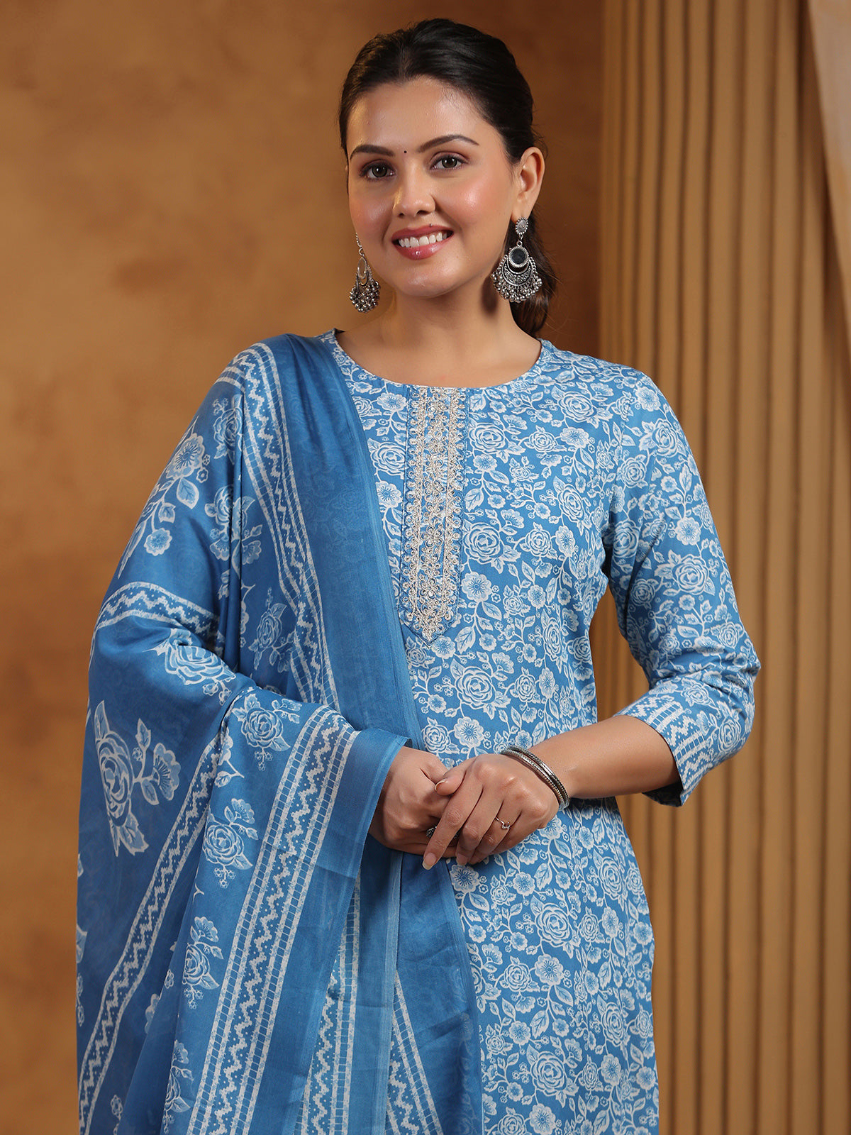 Blue cotton printed festival wear kurti set for women