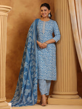 Blue cotton printed festival wear kurti set for women