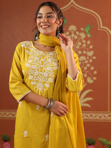 Yellow cotton festival wear kurti set with round neckline