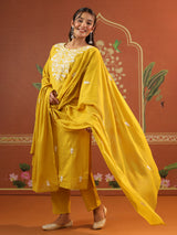 Yellow cotton festival wear kurti set with round neckline