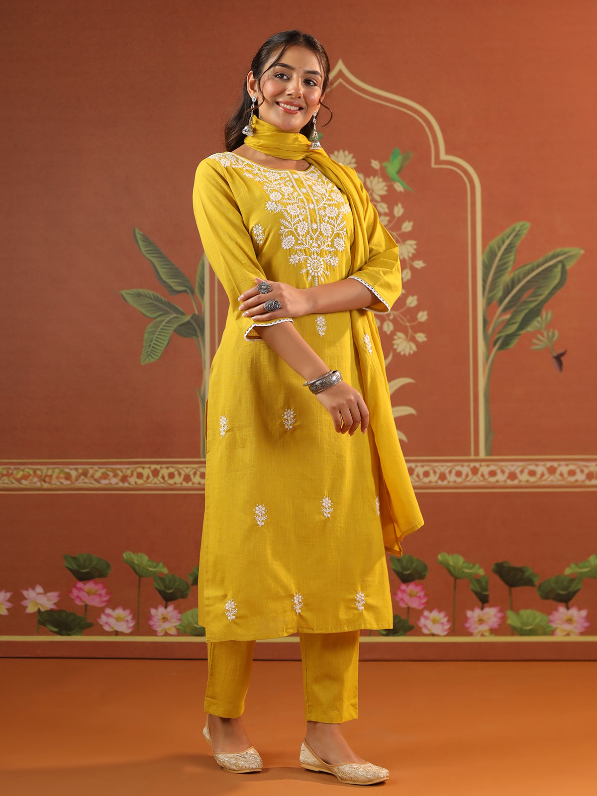 Yellow cotton festival wear kurti set with round neckline