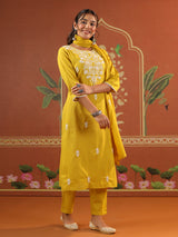 Yellow cotton festival wear kurti set with round neckline