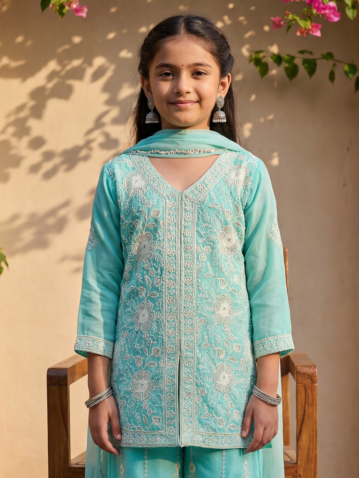 Aqua blue cotton silk palazzo suit with dupatta