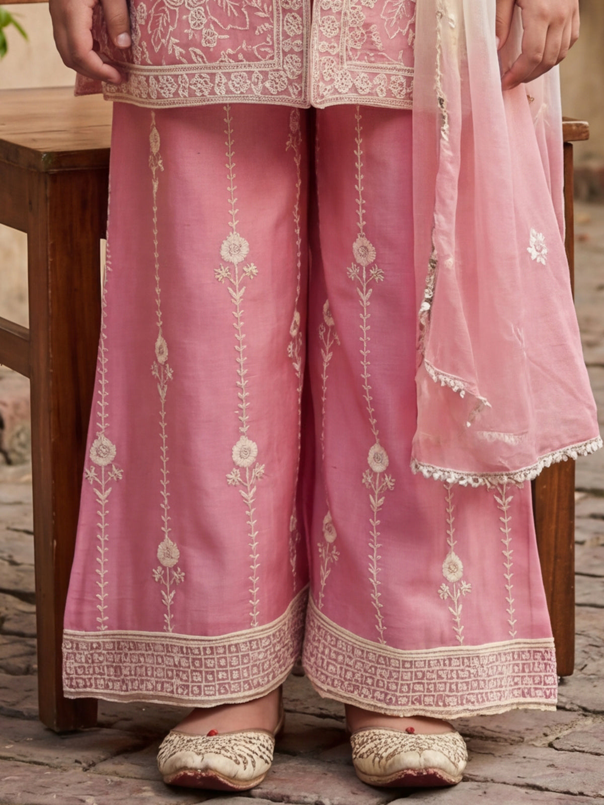 Light pink cotton silk palazzo suit with dupatta