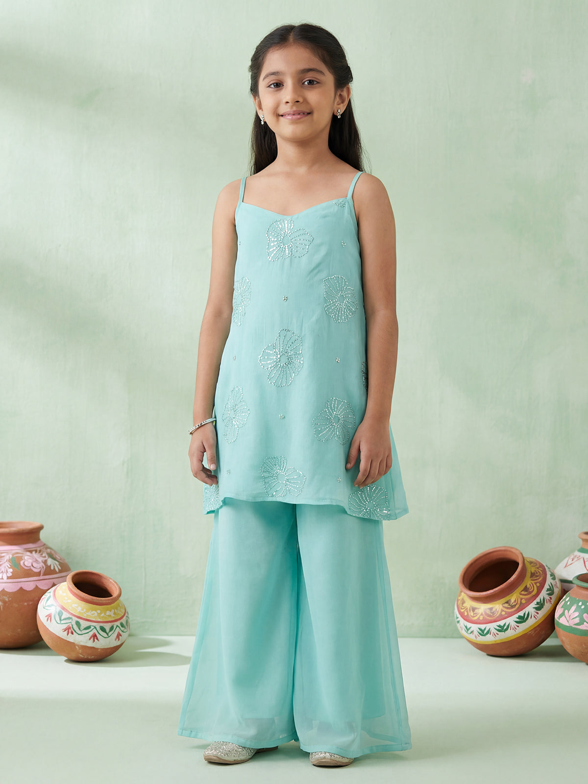 Light blue georgette palazzo suit with sequins detailing
