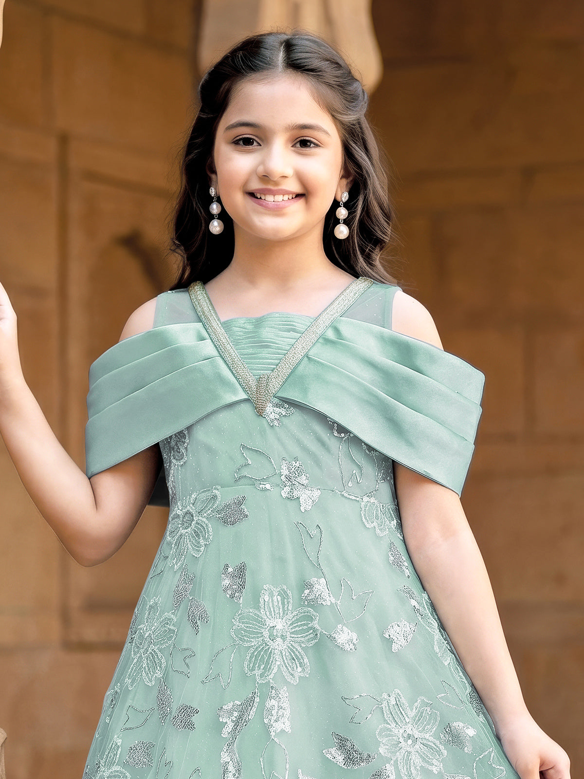 Mint green organza gown with sequins sparkle