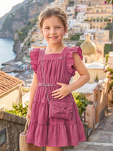 Light wine cotton frock with ruffle sleeves