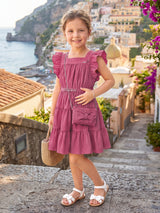 Light wine cotton frock with ruffle sleeves