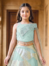 Mint blue georgette lehenga choli for wedding celebration