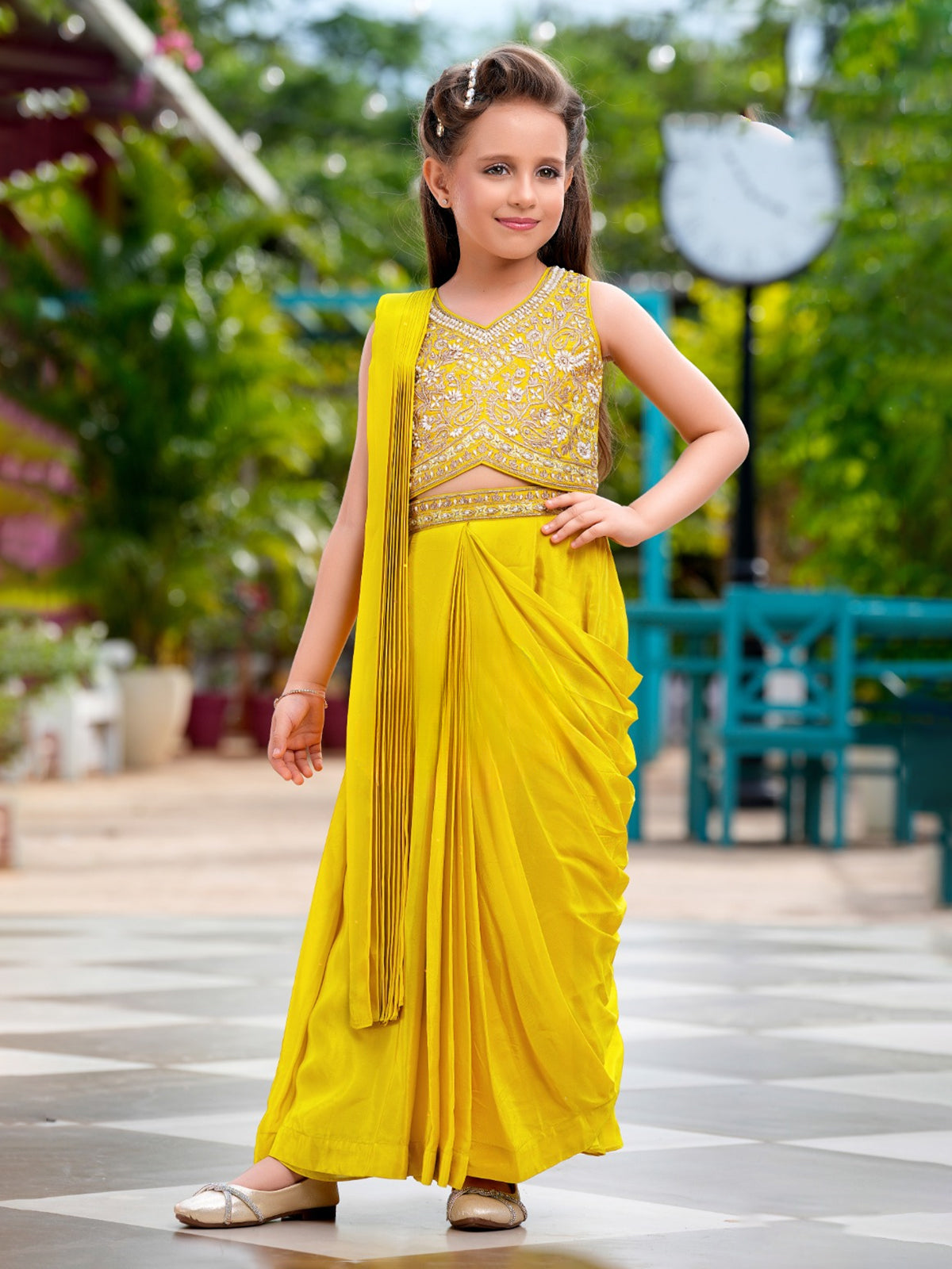 Yellow silk lehenga choli with attached dupatta