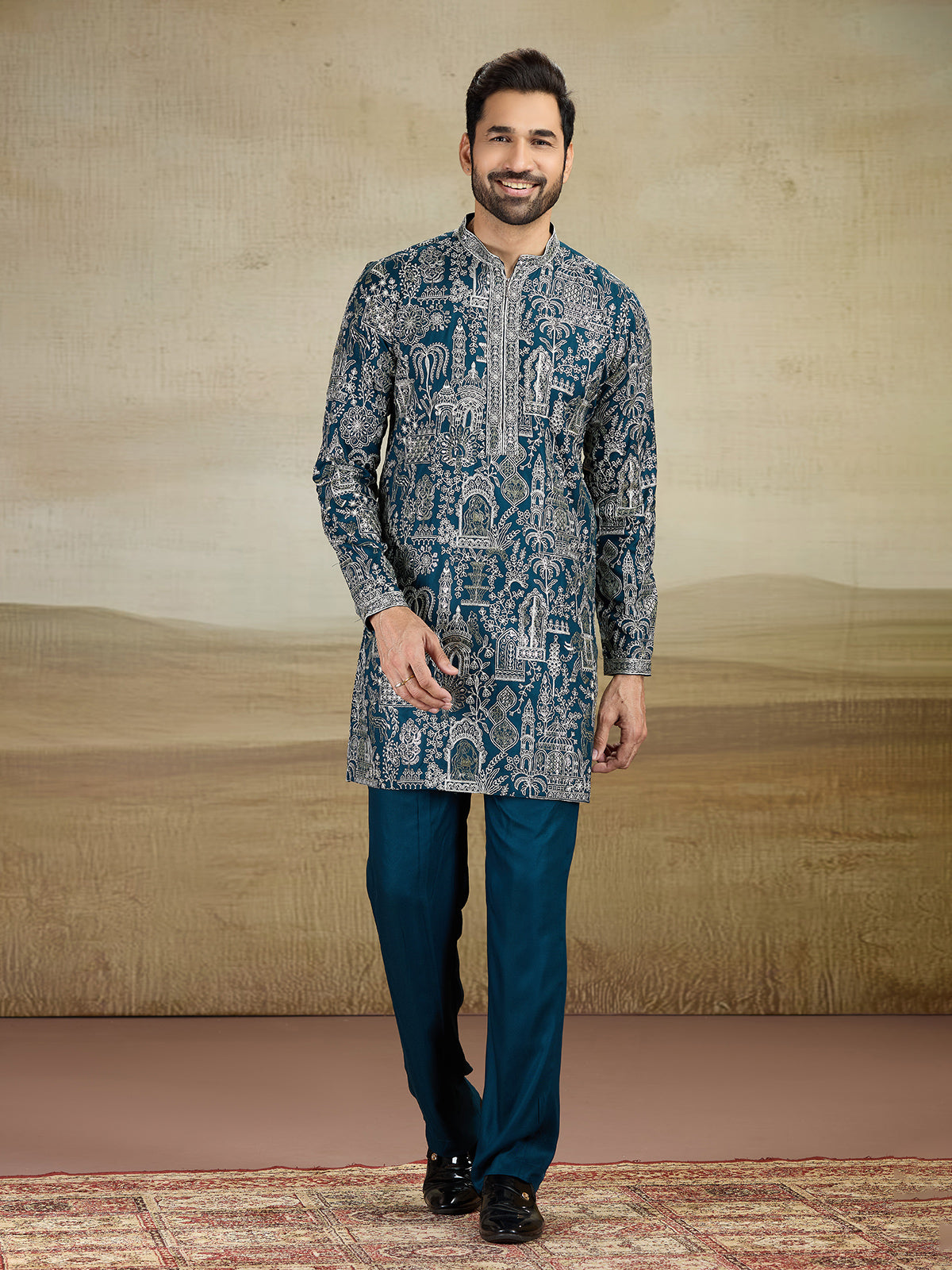 Rama blue rayon silk kurtapajama and dupatta for reception