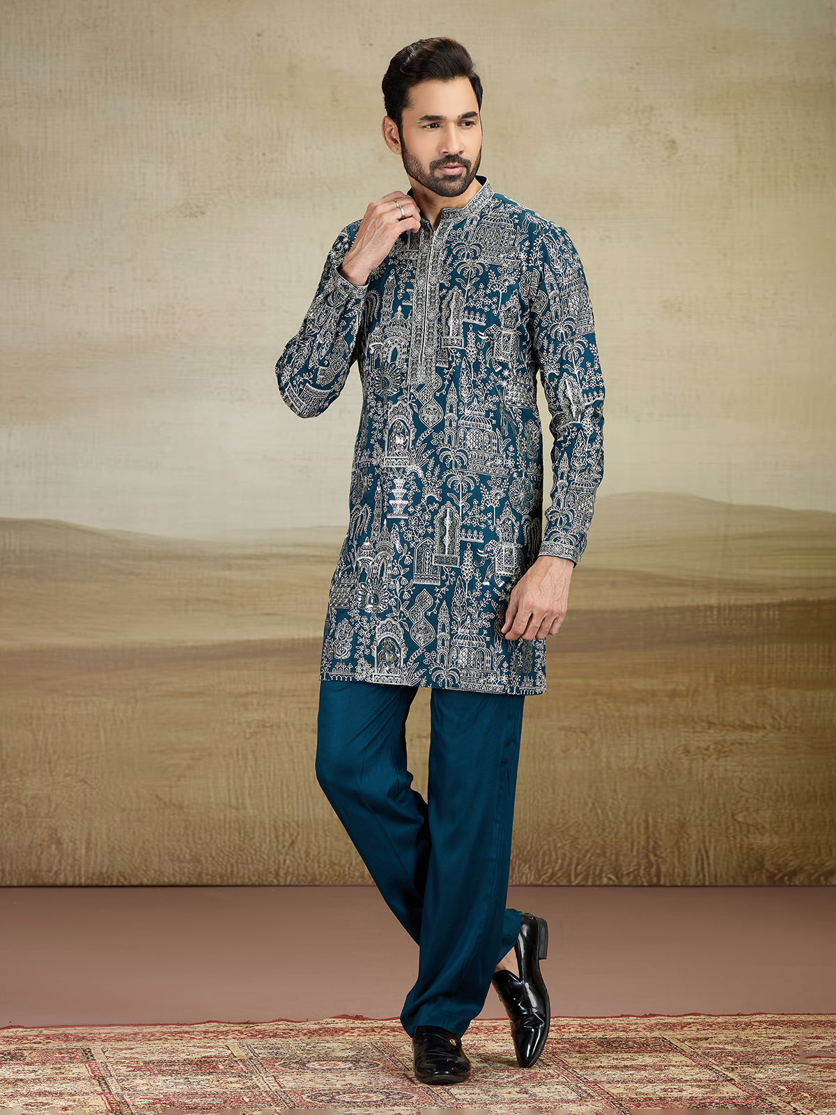 Rama blue rayon silk kurtapajama and dupatta for reception