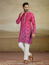 Magenta printed jacquard silk kurta pajama