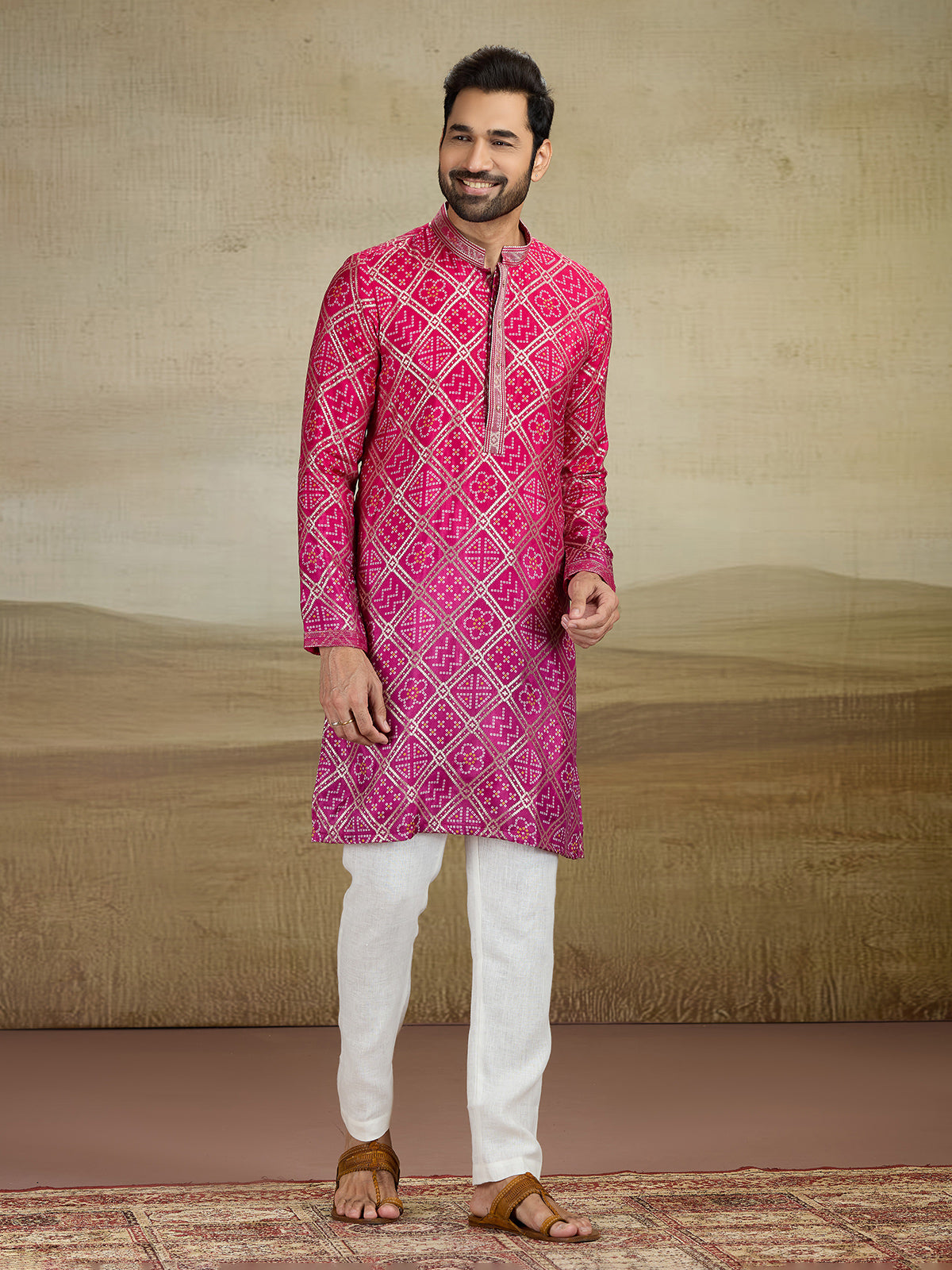 Magenta printed jacquard silk kurta pajama