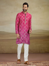Magenta printed jacquard silk kurta pajama
