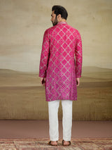 Magenta printed jacquard silk kurta pajama