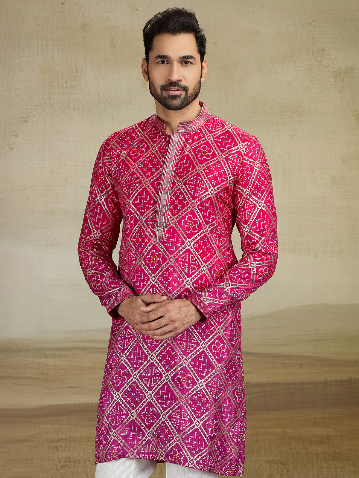 Magenta printed jacquard silk kurta pajama