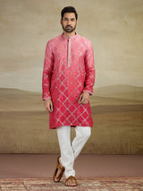 Red jacquard silk prnted kurta pajama for men
