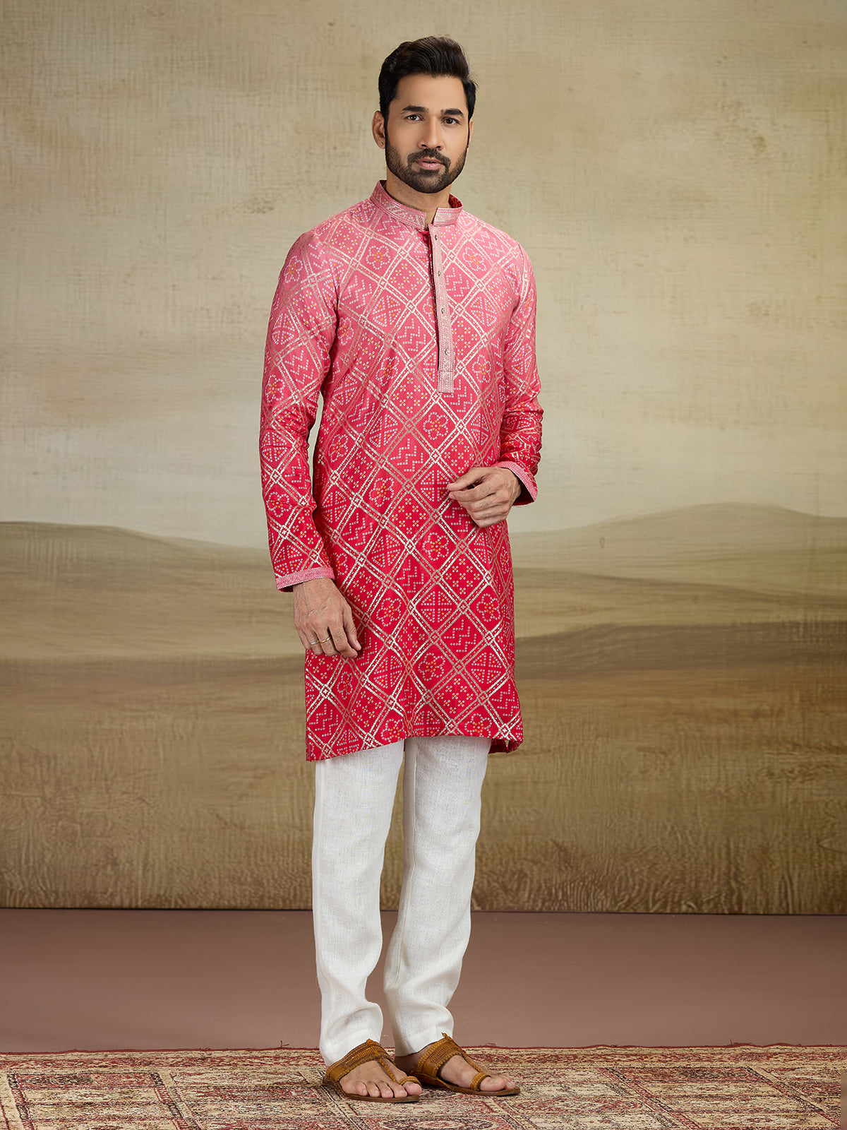 Red jacquard silk prnted kurta pajama for men