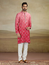 Red jacquard silk prnted kurta pajama for men