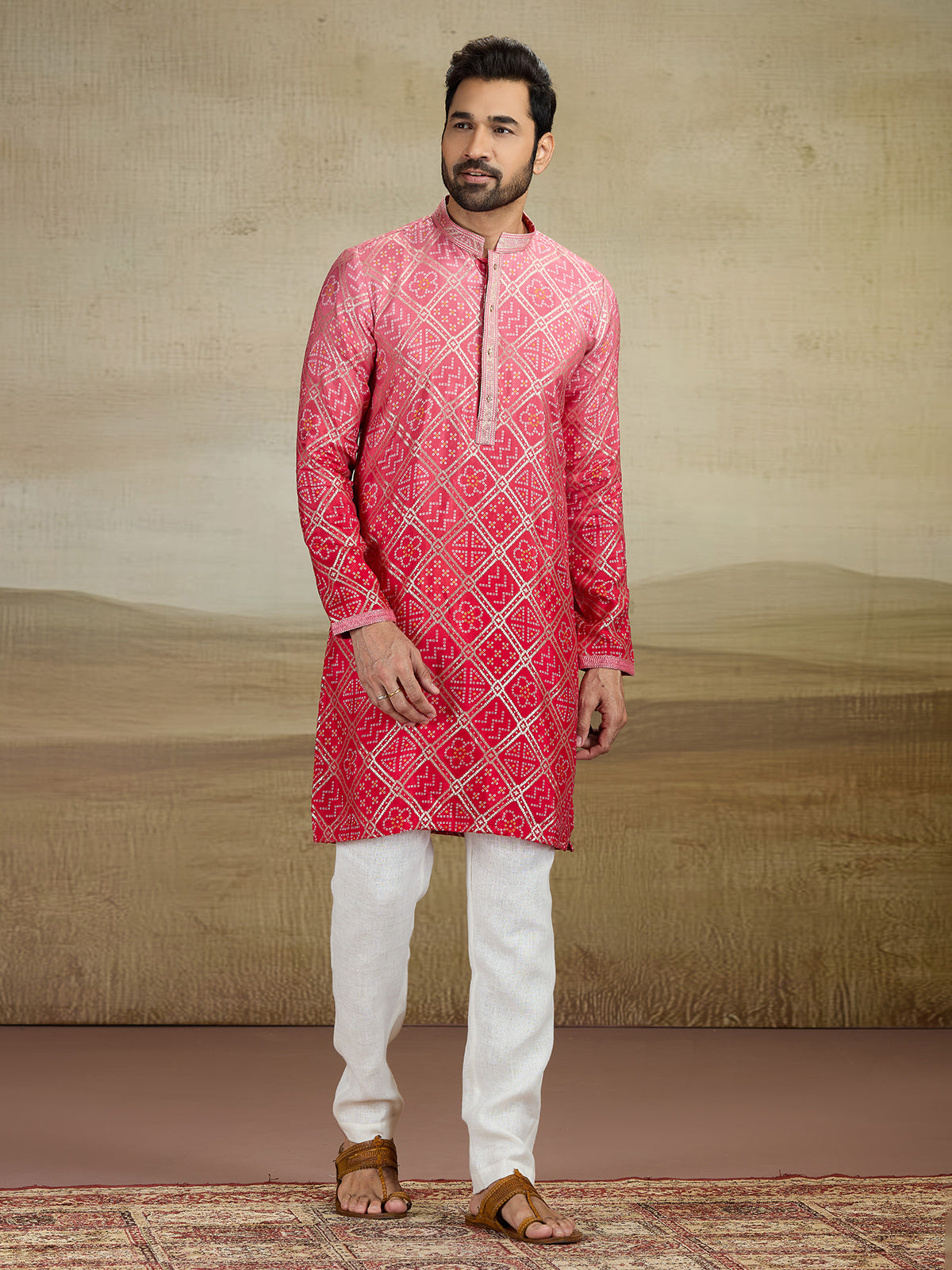 Red jacquard silk prnted kurta pajama for men