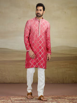 Red jacquard silk prnted kurta pajama for men