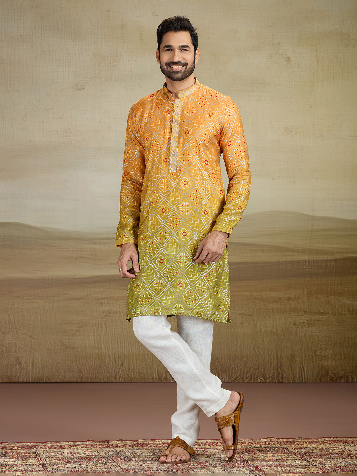 Yellow haldi wear jacquard silk kurta pajama