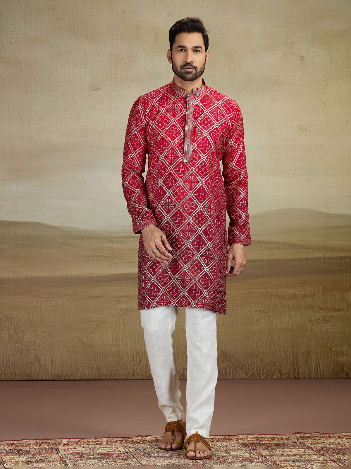 Maroon shaded jacquared silk kurta pajama with print