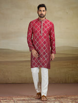 Maroon shaded jacquared silk kurta pajama with print