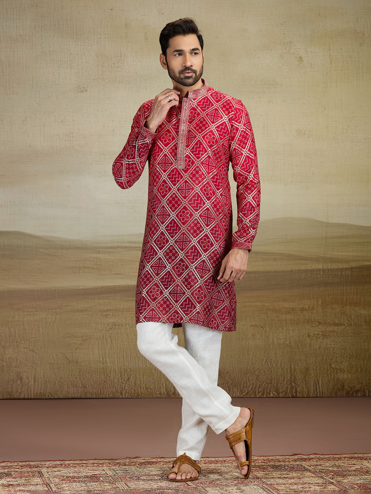Maroon shaded jacquared silk kurta pajama with print