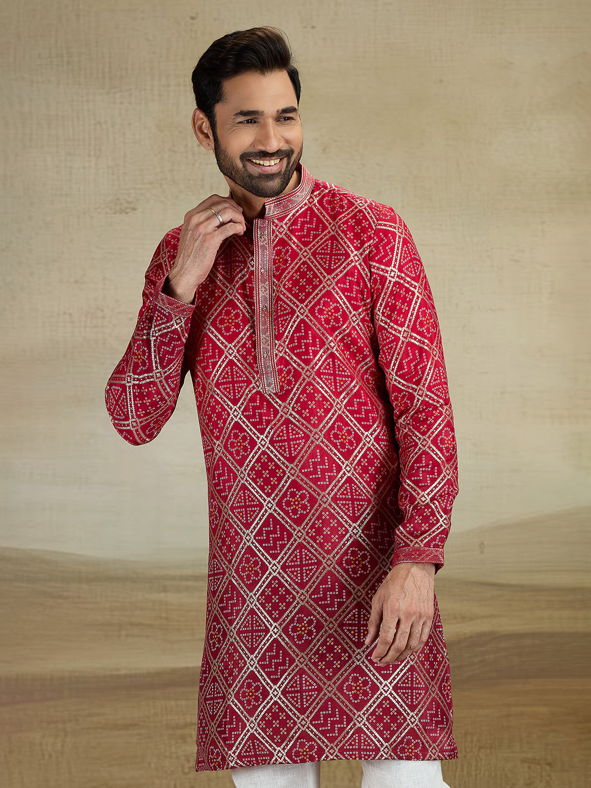 Maroon shaded jacquared silk kurta pajama with print