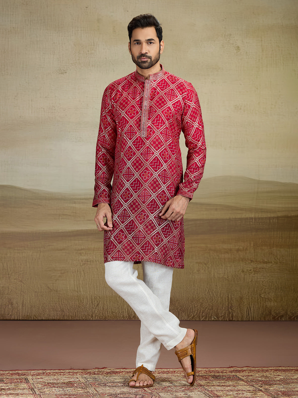Maroon shaded jacquared silk kurta pajama with print