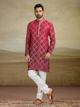 Maroon shaded jacquared silk kurta pajama with print