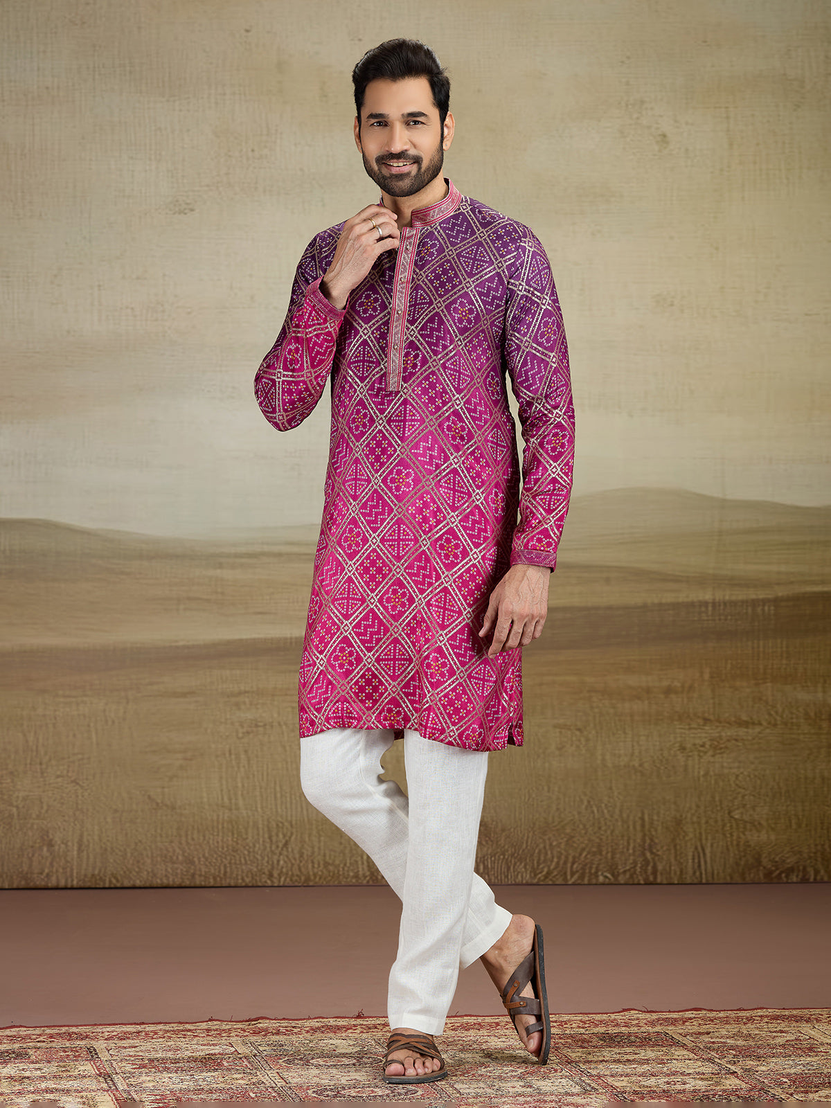 Pink jacquard silk shaded kurta pajama