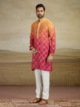 Red shaded jacquard silk kurta pajama with print