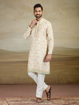 Cream printed kurta pajama set with zari work