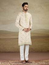 Cream printed kurta pajama set with zari work