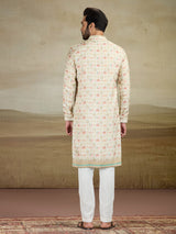 Cream printed kurta pajama set with zari work