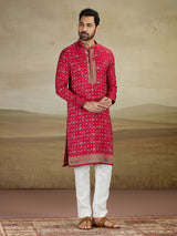 Deep red zari worked kurta suit in viscose slk