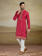 Deep red zari worked kurta suit in viscose slk