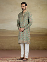 Olive printed viscose silk kurta suit for men