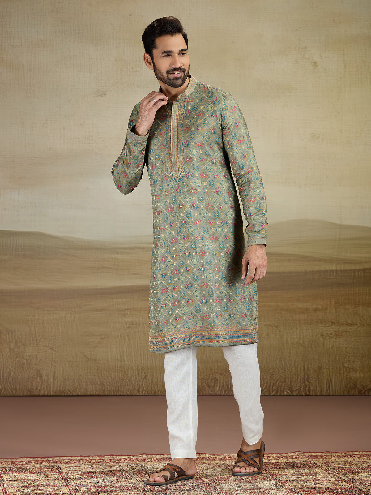 Olive printed viscose silk kurta suit for men