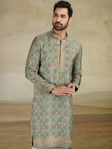 Olive printed viscose silk kurta suit for men