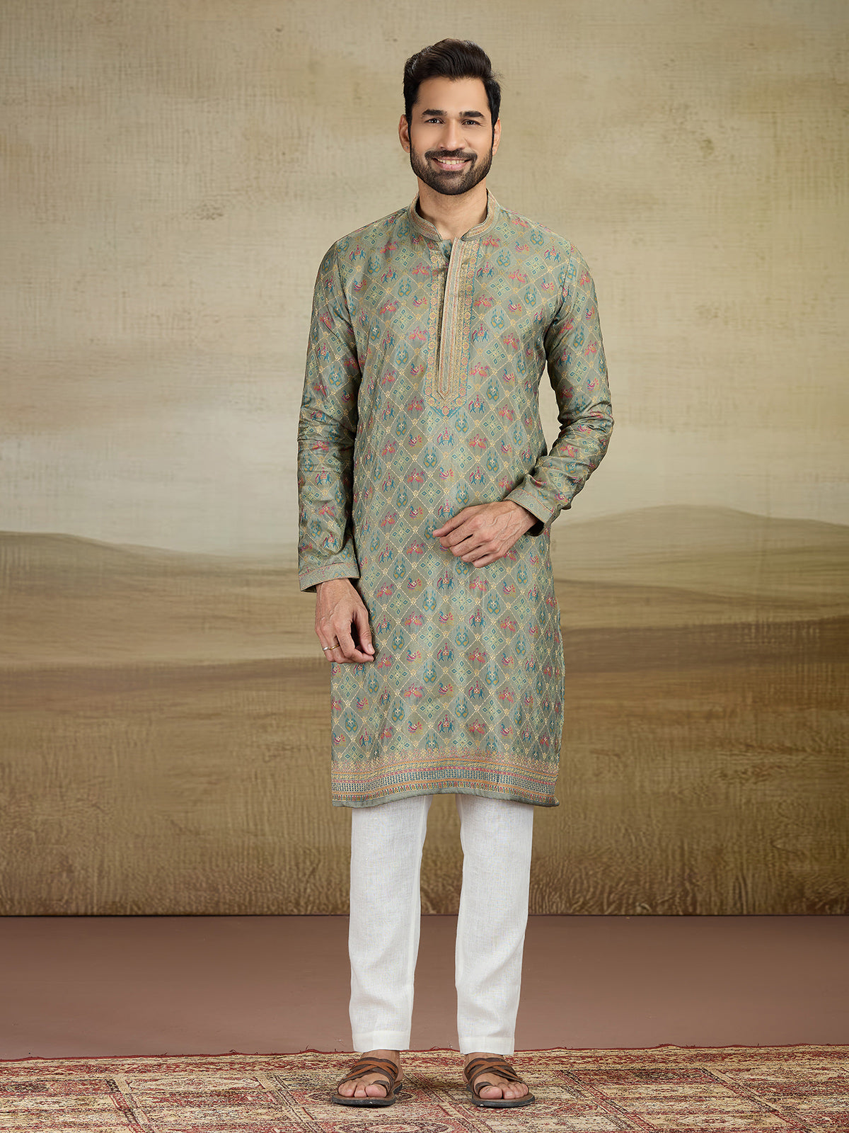 Olive printed viscose silk kurta suit for men