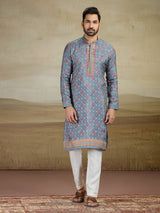 Grey viscose silk kurta suit with print