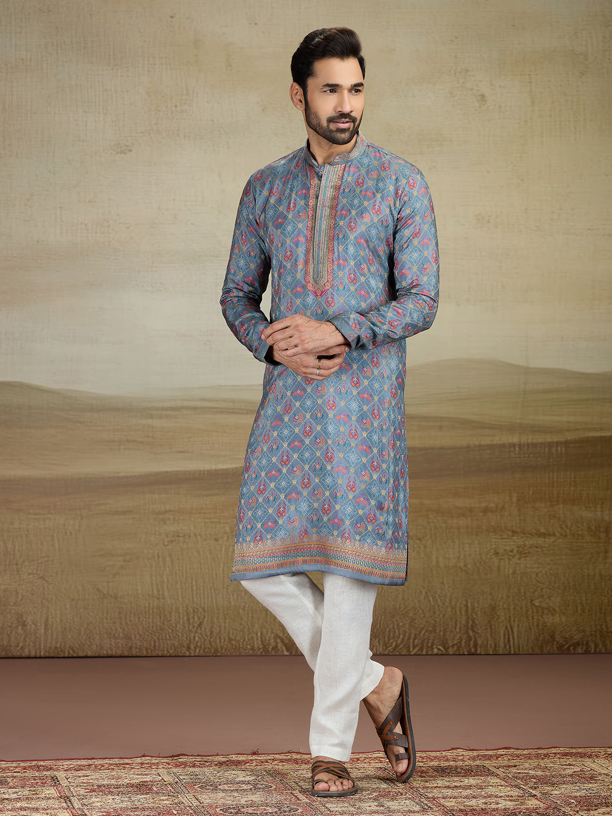 Grey viscose silk kurta suit with print