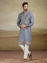 Grey viscose silk kurta suit with print