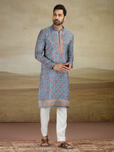 Grey viscose silk kurta suit with print