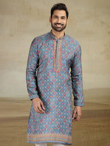 Grey viscose silk kurta suit with print