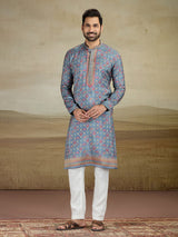 Grey viscose silk kurta suit with print